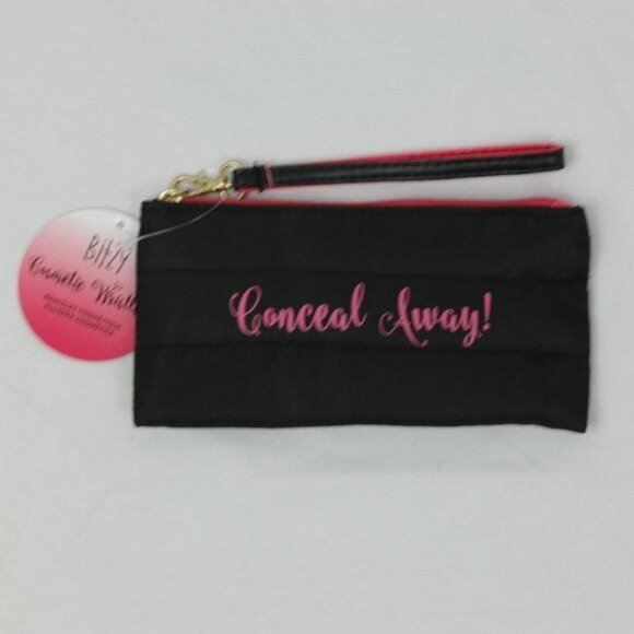 Bitzy Women's Small Black Pink Fabric Graphic Zipper Cosmetics Wristlet Bag NWT - Picture 1 of 4